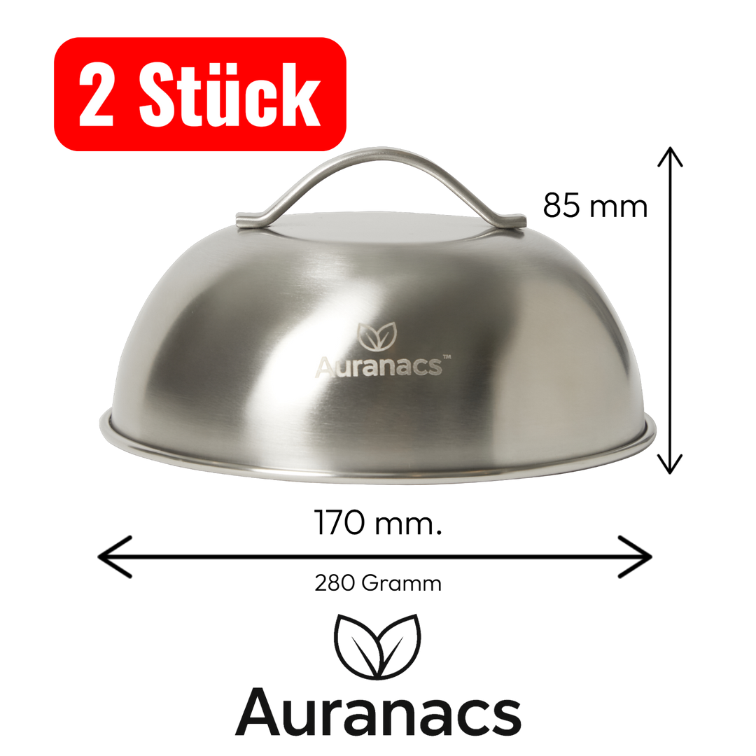 AURANACS® Texas | set of 2 stainless steel melting & cooking hoods (Ø 170 mm) | for burgers, grill & plancha | fast cheese melting & even heat | steam hood with handle | robust & dishwasher-safe