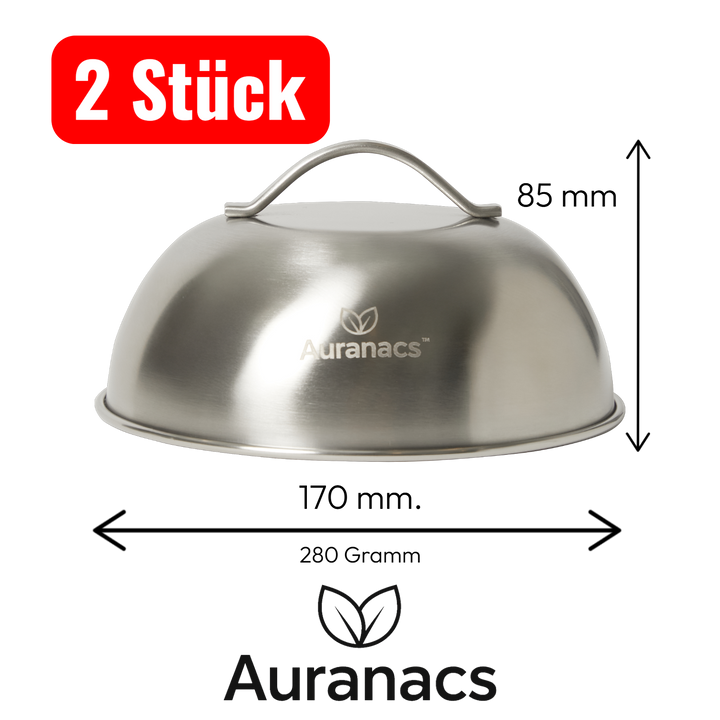 AURANACS® Texas | set of 2 stainless steel melting & cooking hoods (Ø 170 mm) | for burgers, grill & plancha | fast cheese melting & even heat | steam hood with handle | robust & dishwasher-safe