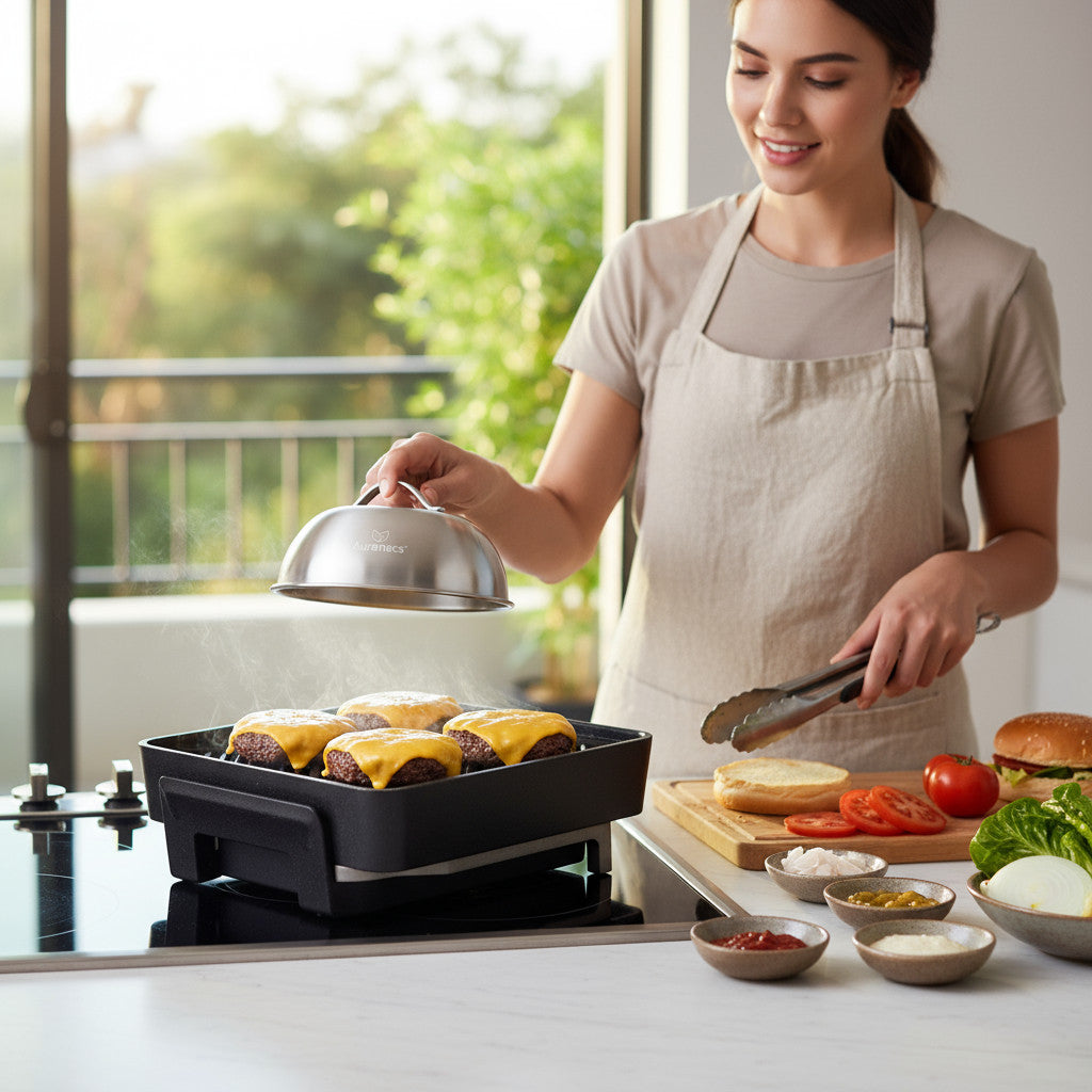 AURANACS® Texas | set of 2 stainless steel melting & cooking hoods (Ø 170 mm) | for burgers, grill & plancha | fast cheese melting & even heat | steam hood with handle | robust & dishwasher-safe
