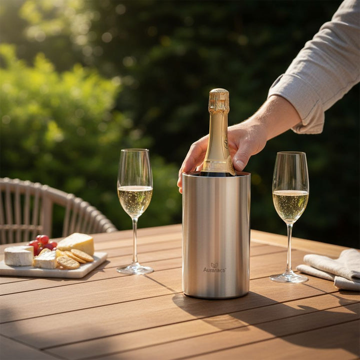 AURANACS® Elsass | Flaschenkühler aus matt gebürstetem Edelstahl | Doppelwandiger Weinkühler mit Isolierung | Eleganter Champagnerkühler | Sektkühler Ø 12 cm | Ideal für Partys, Restaurants & Zuhause